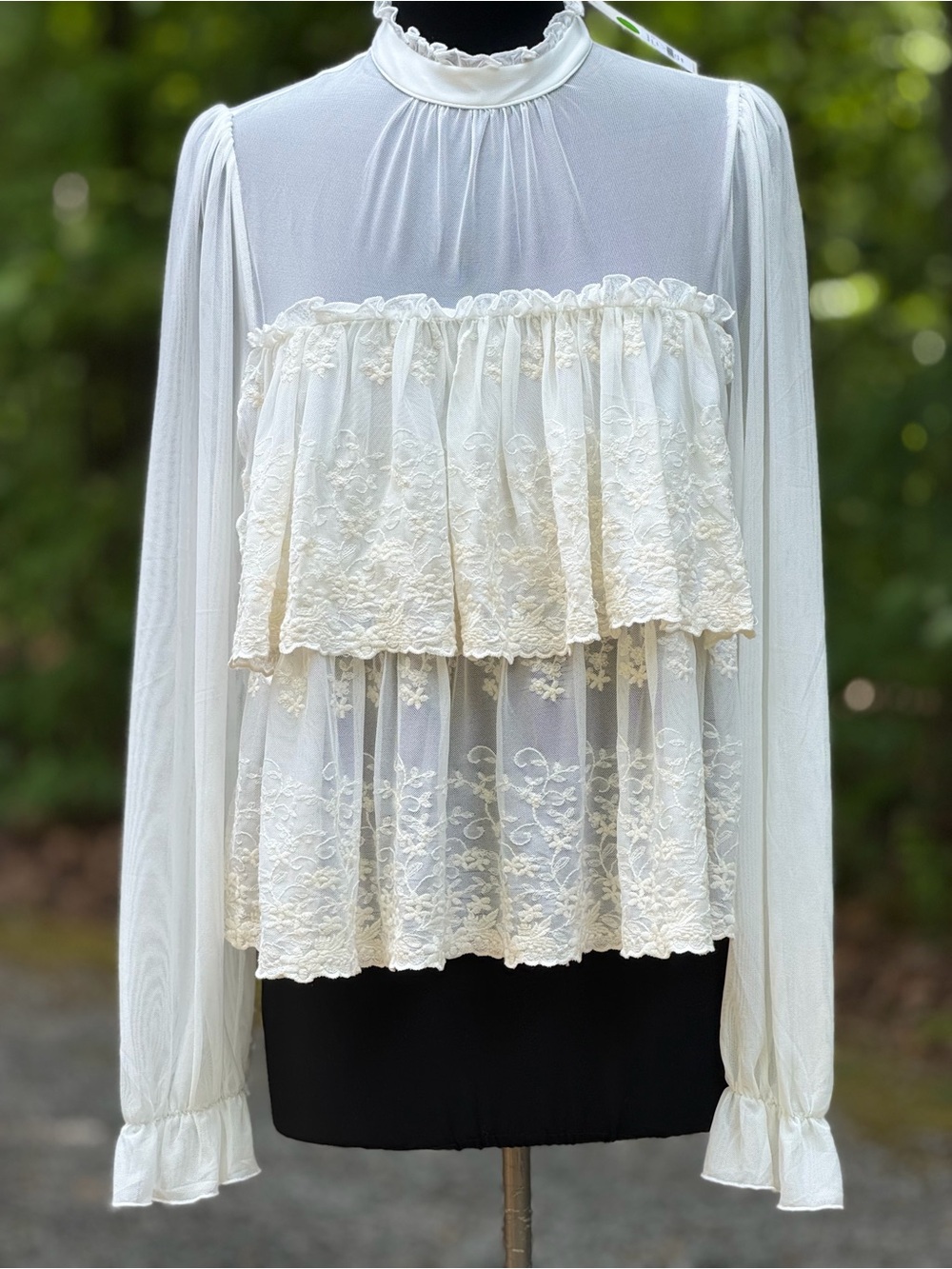 Francesca's Collections Cream Lace Tiered High-Neck Blouse